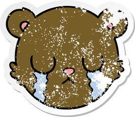 distressed sticker of a cute cartoon teddy bear face crying