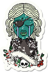 crying orc rogue character face with natural one D20 roll illustration