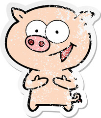distressed sticker of a cheerful pig cartoon