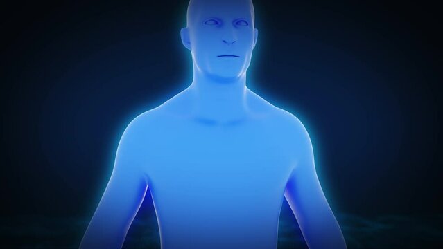 Human body pain.3d blue silhouette of man. Anatomy of a man showing half a body. Ideal for meditation, clairvoyance, mental power. Can be used as explanation in medical presentations, videos, projects