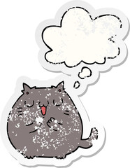 happy cartoon cat and thought bubble as a distressed worn sticker
