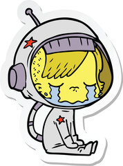 sticker of a cartoon crying astronaut girl sitting