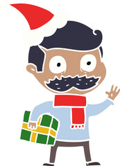 flat color illustration of a man with mustache and christmas present wearing santa hat