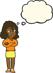 cartoon woman with crossed arms with thought bubble