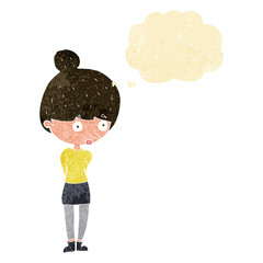 cartoon woman staring with thought bubble