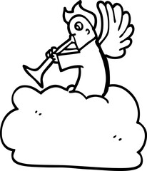 line drawing cartoon angel on cloud with trumpet