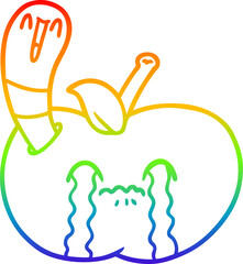 rainbow gradient line drawing cartoon worm eating an apple