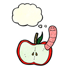 cartoon apple with worm with thought bubble