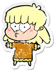 distressed sticker of a cartoon whistling girl