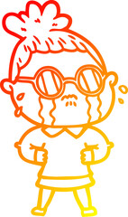 warm gradient line drawing cartoon crying woman wearing spectacles