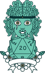 half orc barbarian character with natural 20 dice roll illustration