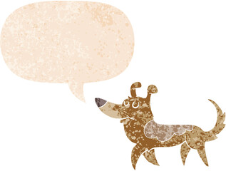 cartoon dog and speech bubble in retro textured style
