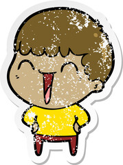 distressed sticker of a cartoon happy man