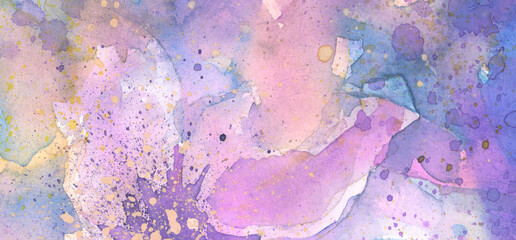 Modern art Abstract watercolor, ink  flow blot smear brushstroke painting. Lilac, beige color canvas  texture horizontal background.