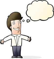 cartoon grining man with open arms with thought bubble