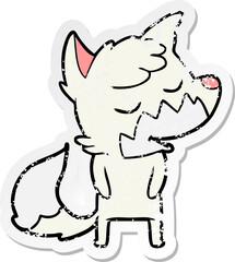 distressed sticker of a friendly cartoon fox