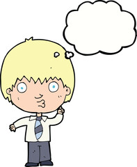 cartoon school boy answering question with thought bubble