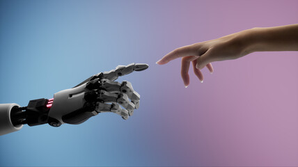 Silhouette of female hand touching the hand of a robot on a colorful background 