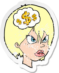 retro distressed sticker of a cartoon woman thinking about money