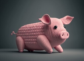 Knitted pig isolated on dark background, soft knitted pig toy for children to play. Generative AI.