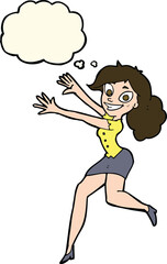 cartoon happy woman jumping with thought bubble