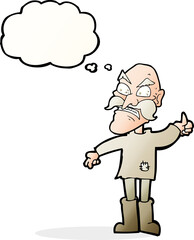 cartoon angry old man in patched clothing with thought bubble