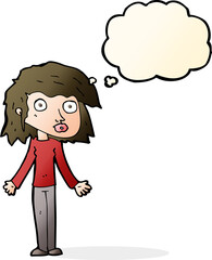 cartoon girl shrugging shoulders with thought bubble