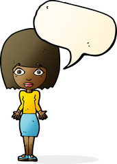 cartoon woman shrugging shoulders with speech bubble