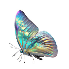 Detailed beautiful butterfly front view closeup with colorful iridescent wings on isolated background.