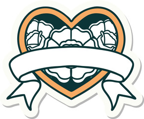 tattoo style sticker of a heart and banner with flowers
