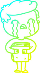 cold gradient line drawing cartoon man crying holding book
