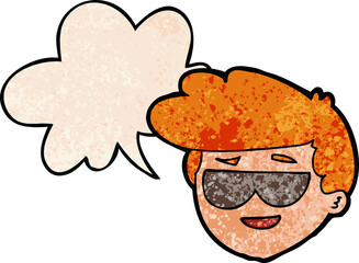 cartoon boy wearing sunglasses and speech bubble in retro texture style