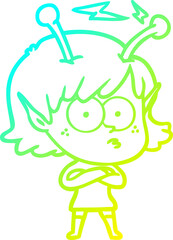 cold gradient line drawing cartoon alien girl