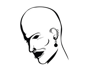 dessin vector black and white illustration of a bald-headed punk woman with some ornaments rings and circles on face on nose and earrings on ears and rings on lips