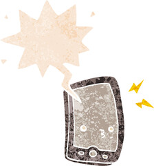 cartoon mobile phone and speech bubble in retro textured style