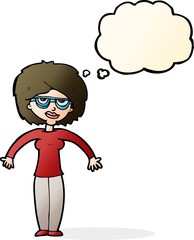 cartoon woman shrugging shoulders with thought bubble