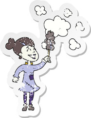 retro distressed sticker of a cartoon zombie woman dusting