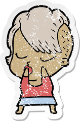 distressed sticker of a cartoon pretty hipster girl