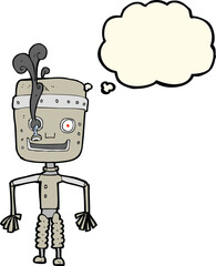cartoon malfunctioning robot with thought bubble
