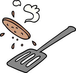 cartoon doodle of a burger being flipped