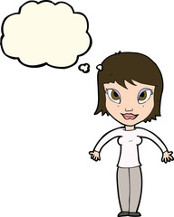 cartoon woman shrugging shoulders with thought bubble