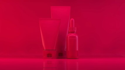 Viva cosmetics products on magenta background. 2023 color of year. 3d rendering cosmetics products 