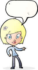 cartoon pretty woman pointing with speech bubble