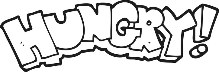 black and white cartoon hungry text