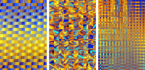 abstract distorted blue golden backgrounds, psychedelic pattern. banner, set of 3 vertical images