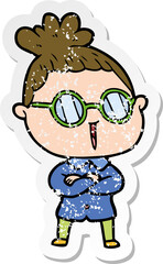 distressed sticker of a cartoon woman wearing spectacles