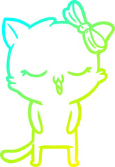 cold gradient line drawing cartoon cat with bow on head