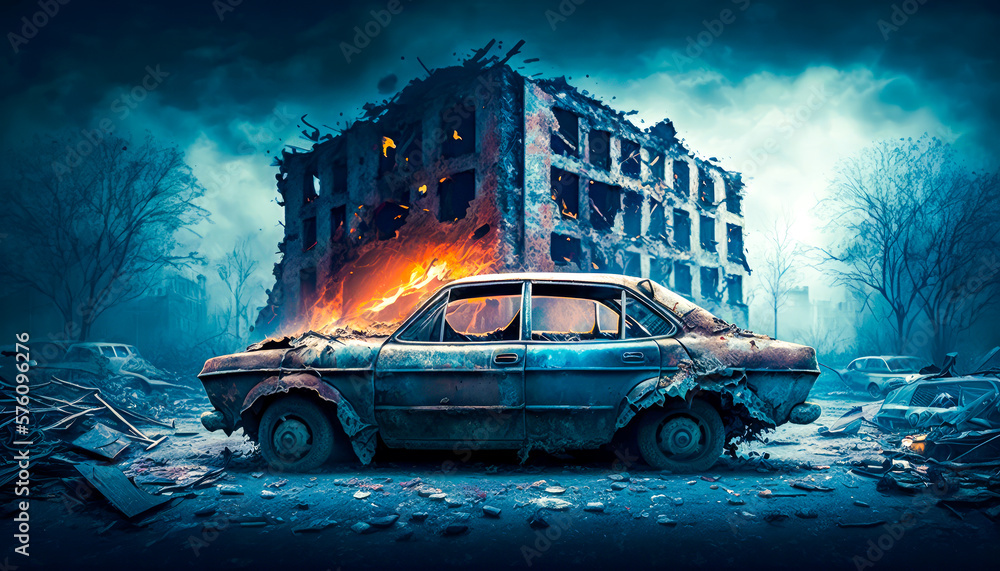 Aufkleber car that is sitting in front of building generative ai