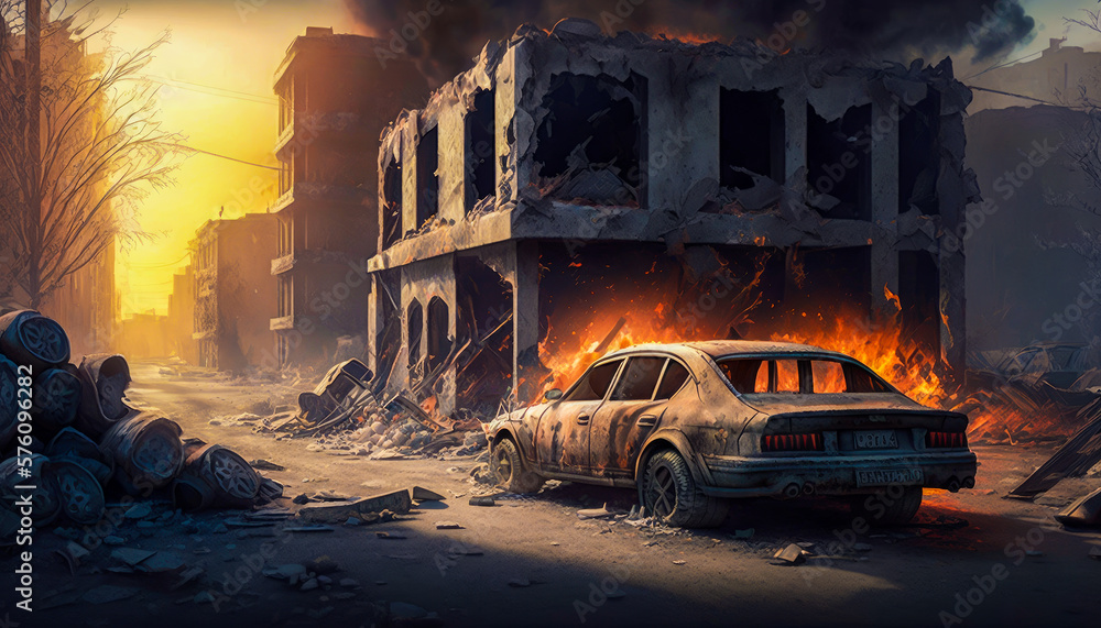 Poster car is parked in front of destroyed building generative ai