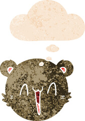 cute cartoon teddy bear face and thought bubble in retro textured style